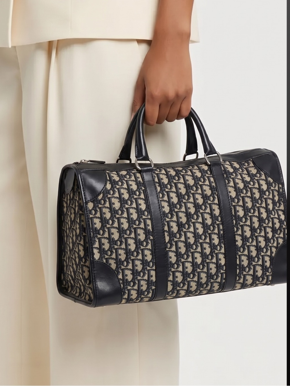 Authentic Dior Black and Beige  Large Boston Handbag.